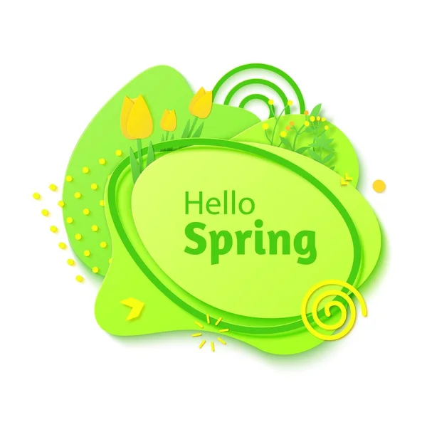 こんにちは紙カットスタイルの春のバナー。緑のグラデーションの抽象的な層は、段ボールから切り取られます。春の花や幾何学的な形状を持つメンフィスのアートラベル。ベクターカードイラスト. — ストックベクタ