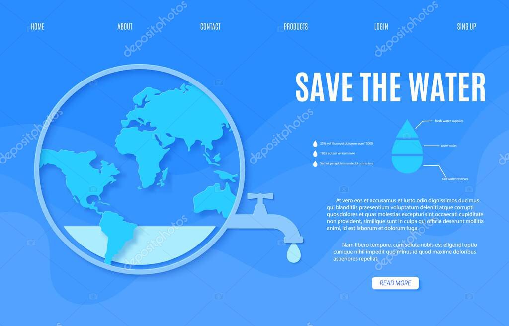Web page Save the Water banner design template in paper cut style. Outline circle with faucet tap with a dripping water drop and Earth map silhouette. 22 March World Water Day website. Vector.