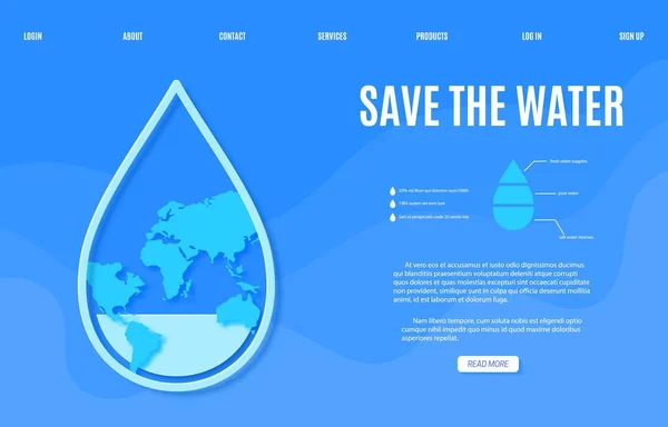 Página web Guarde la plantilla de diseño de banner de agua en estilo de corte de papel. La caída del contorno está medio vacía con la silueta del mapa de la Tierra sobre fondo azul. 22 Marzo Día Mundial del Agua sitio web vector concepto. — Vector de stock