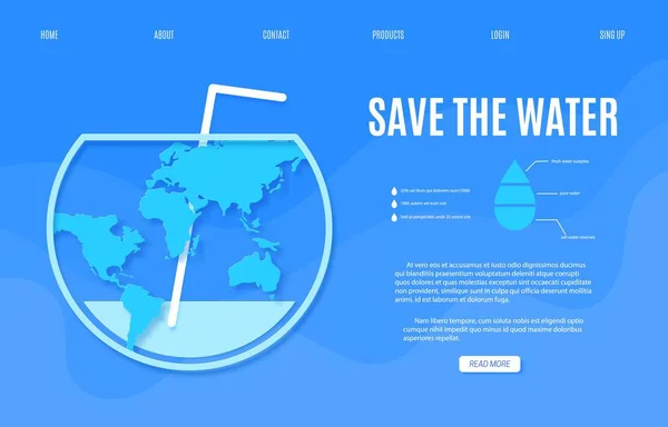 Ιστοσελίδα Αποθήκευση του προτύπου σχεδιασμού banner Water σε στυλ κοπής χαρτιού. Το ενυδρείο είναι μισοάδειο με καλαμάκι και μπλε σιλουέτα χάρτη της Γης. 22 Μαρτίου Παγκόσμια Ημέρα Νερού ιστοσελίδα διάνυσμα έννοια. — Διανυσματικό Αρχείο
