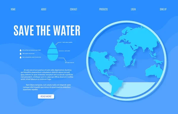Ιστοσελίδα Αποθήκευση του προτύπου σχεδιασμού banner Water σε στυλ κοπής χαρτιού. Περίγραμμα κύκλο με τη σιλουέτα χάρτη της Γης σε μπλε φόντο. 22 Μαρτίου Ιστοσελίδα Παγκόσμιας Ημέρας Νερού. Έννοια περιβαλλοντικής κάρτας διανύσματος. — Διανυσματικό Αρχείο