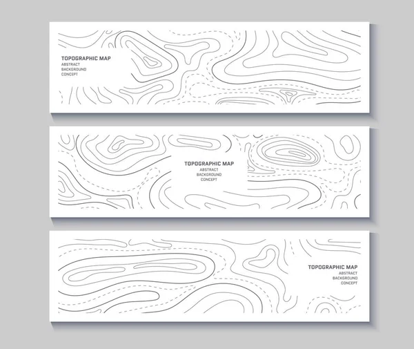 Conjunto de folhetos topográficos. Esboço cartografia paisagem. Coleção de três banners com mapa de relevo topográfico. Design de capa moderna com linhas onduladas. Ilustração vetorial com padrão de contorno do tempo — Vetor de Stock