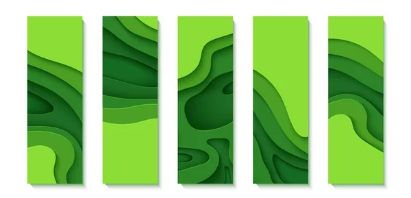Conjunto de folhetos verdes em estilo de corte de papel. Coleção de banners verticais 3d fundo abstrato. Modelo de cartões ambientais vetoriais com formas onduladas cortadas para cartazes, apresentações de negócios. — Vetor de Stock