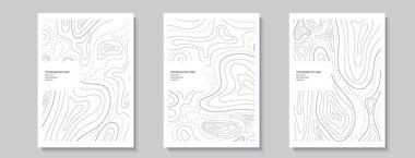 Bir dizi topoğrafya broşürü. Taslak haritalama manzarası. Topoğrafya yardım haritalı üç pankart koleksiyonu. Dalgalı çizgileri olan modern kapak tasarımı. Hava çizgisi desenli vektör illüstrasyonu