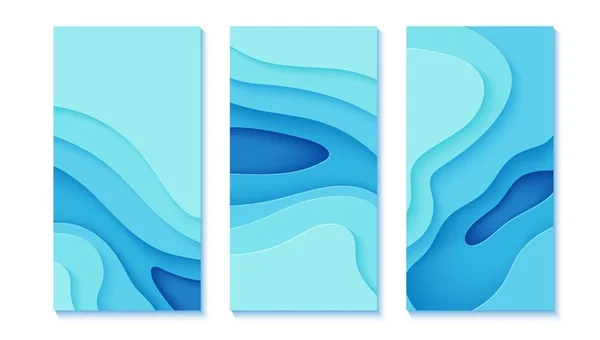 Ein Satz blauer Flyer im Scherenschnitt-Stil. Sammlung von vertikalen Bannern 3d abstrakten Hintergrund. Vector-Umweltkarten-Vorlage mit Draufsicht schneidet gewellte Formen für Poster, Geschäftspräsentationen aus — Stockvektor