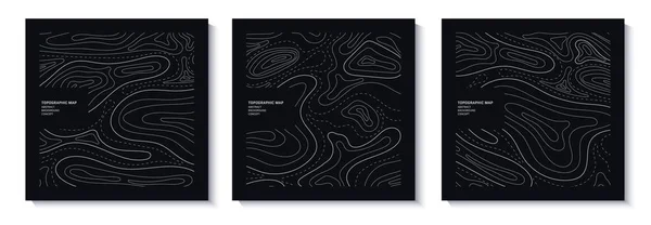 Conjunto de folhetos topográficos. Esboço cartografia paisagem. Coleção de três banners com mapa de relevo topográfico. Design de capa moderna com linhas onduladas. Ilustração vetorial com padrão de contorno do tempo — Vetor de Stock