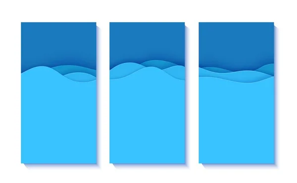 Kağıt kesim tarzında mavi dalgalı el ilanları. Çevre ve Dünya Su Günü için üç adet kağıt kesim sanat eseri koleksiyonu. 8 Haziran Okyanusları Kurtarma Günü için vektör reklam afişi şablonu. — Stok Vektör