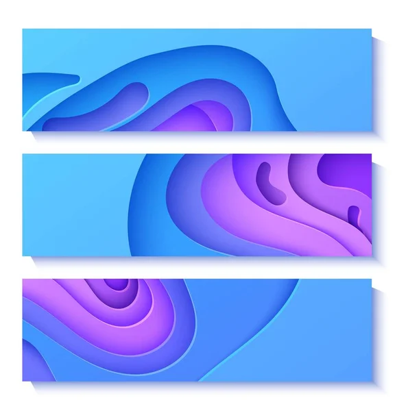 Conjunto de volantes ondulados de neón en estilo de corte de papel. Colección de pancartas abstractas 3d con ondas cortadas. Tarjetas de degradado de color azul y violeta con agujeros. Funda vectorial con formas geométricas lisas en origami. — Vector de stock