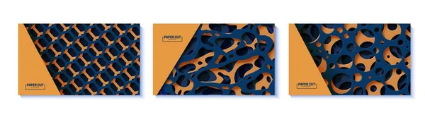 Uppsättning abstrakta banderoller med utskurna organiska former, cirklar och hexagon i pappersklipp stil. Insamling av skiktade 3D-papercut backround. Vektorkort illustration i mörkblå och orange former — Stock vektor