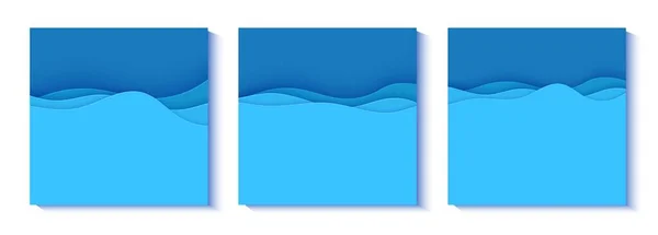 Kağıt kesim tarzında mavi dalgalı el ilanları. Çevre ve Dünya Su Günü için üç adet kağıt kesim sanat eseri koleksiyonu. 8 Haziran Okyanusları Kurtarma Günü için vektör reklam afişi şablonu. — Stok Vektör