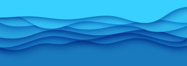 Kağıt kesme stili dalgalı kenar. 3D soyut arkaplan, derin dalgaları keserek modern kamuflaj sağlıyor. Pürüzsüz gölgeli kağıt kesim sanatıyla mavi katmanlar. Vektör kartı illüstrasyon origami ortamı şablonu.