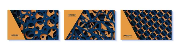 Набор абстрактных баннеров с вырезанными треугольниками, кругами и шестиугольниками в стиле вырезанной бумаги. Коллекция многослойных трехслойных картонных коробок. Векторная иллюстрация в темно-синих и оранжевых формах — стоковый вектор