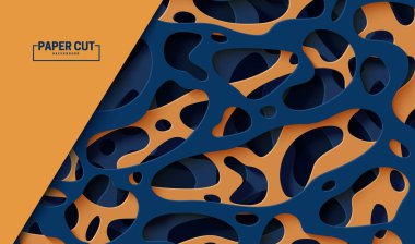 Kağıt kesiği biçiminde pürüzsüz bir deliği olan soyut arkaplan. Organik şekilleri kesilmiş 3D gerçekçi vektör arkaplanı. Origami duvar kağıdı dizaynınız için koyu mavi ve turuncu elementler katmanlı