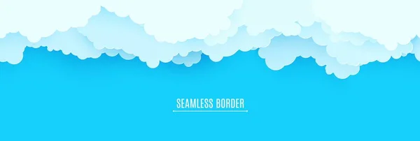 Seamless border of blue sky and white clouds in paper cut style. 3d papercut background with top view cloudy sky. Simple weather layered banner. Vector card illustration of cloudscape pastel colors. — Stock Vector