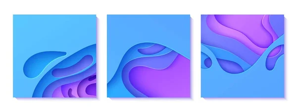 Set neonwelliger Flyer im Stil von Papierschnitten. Sammlung abstrakter 3D-Banner mit ausgeschnittenen Wellen. Blaue und violette Farbverlaufskarten mit Löchern. Vektorhülle mit Origami glatten geometrischen Formen — Stockvektor