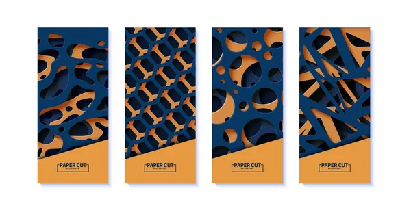 Conjunto de banners abstratos com formas orgânicas cortadas, círculos e hexágono em estilo de corte de papel. Coleção de folhetos de corte de papel 3d em camadas. Ilustração do cartão vetorial em formas azul escuro e laranja — Vetor de Stock