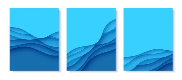 Набор листовок с голубыми волнами в стиле покроя бумаги. Коллекция из трех картин пустых баннеров для окружающей среды или Всемирного дня воды. Шаблон векторного рекламного плаката на День 8 июня. — стоковый вектор
