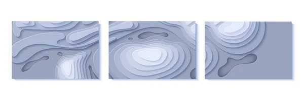 Satz topografischer Kartenflyer im Scherenschnitt-Stil. Sammlung abstrakter 3D-Banner mit ausgeschnittenen Wellen. Graue Farblöcher und Berge von Papierschnittkunst. Vektorhülle mit Origami glatten geometrischen Formen. — Stockvektor