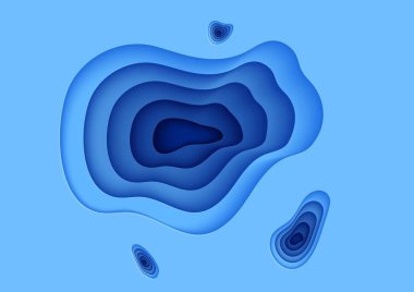 Kağıt kesiği biçimindeki soyut delikler. Katmanlı dalgalı üç boyutlu duvar kağıdı. İş sunumu ya da çevre posteri için kağıt kesiği mavi renkli şekiller. Vektör kartı illüstrasyonu