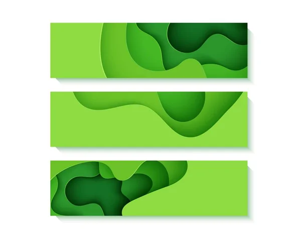 Conjunto de folhetos verdes em estilo de corte de papel. Coleção de banners verticais 3d fundo abstrato. Modelo de cartões ambientais vetoriais com formas onduladas cortadas para cartazes, apresentações de negócios. — Vetor de Stock