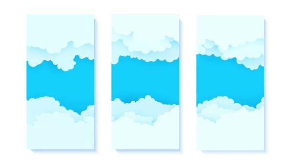 Uppsättning flygblad med blå himmel och vita moln gränsar i pappersklipp stil. Samling av 3d papercut väder banderoller med ovanifrån grumlig himmel. Vektor kort illustration av molnscape pastell färger. — Stock vektor
