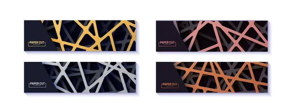 Set von realistischen 3D-Flyern mit ausgeschnittenen Gold-, Silber-, Kupfer- und schwarzen Farbstreifen. Sammlung von abstrakten Luxus-Hintergrund in Papier geschnitten Stil Vektor Origami-Vorlage für die Präsentation — Stockvektor