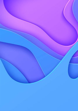 Kağıt kesim tarzında neon dalgalı bir arkaplan. Dalgaları kesen soyut pankart şablonu. Mavi ve menekşe renk gradyan kartı ve sıvı form delikleri. Origami pürüzsüz geometrik şekilli vektör kapağı