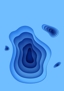 Kağıt kesiği biçimindeki soyut delikler. Katmanlı dalgalı üç boyutlu duvar kağıdı. İş sunumu ya da çevre posteri için kağıt kesiği mavi renkli şekiller. Vektör kartı illüstrasyonu