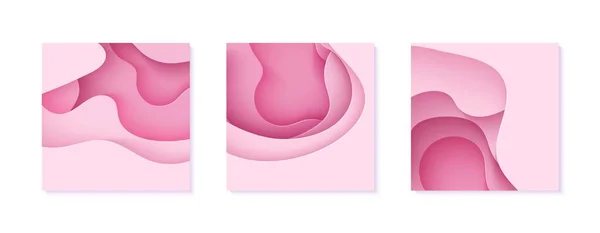 Uppsättning papper skär flygblad med vågor och hål. Kollektion av rosa 3D abstrakta banderoller med släta vågiga lager. Kvinnors bröstcancer Concept affisch mall i rosa färg. Illustration av vektor för hondjur — Stock vektor