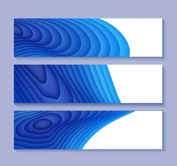 Conjunto de folhetos com ondas azuis em estilo de corte de papel. Coleção de três banners vazios de arte cortada em papel para o meio ambiente ou Dia Mundial da Água. Modelo de cartaz de publicidade vetorial para salvar os oceanos dia 8 de junho. — Vetor de Stock