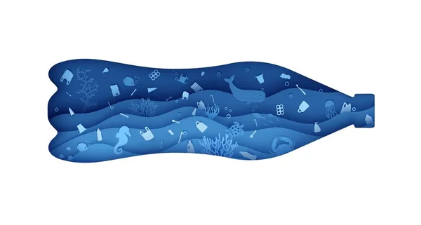 Plastic fles uit gat met vuilnis onder water in papier gesneden stijl. Blauwe oceaan golven met walvis krab schildpad en andere zeedieren. 3D realistische vector achtergrond voor milieu poster — Stockvector