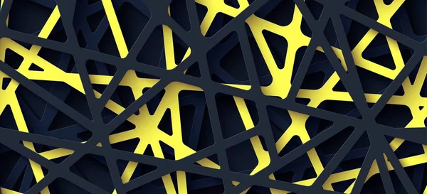 3D ρεαλιστικό σκηνικό με κομμένο κίτρινο και μαύρο χρώμα ρίγες εμπλακεί web. Αφηρημένο φόντο σε στυλ κοπής χαρτιού. Origami τεχνολογική ταπετσαρία σε χαρτί τέχνης. Εικονογράφηση διανυσματικής κάρτας. — Διανυσματικό Αρχείο