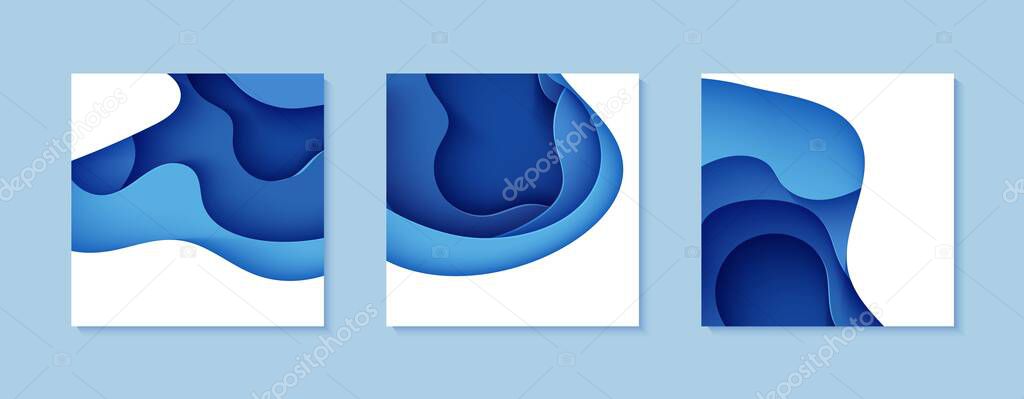 Set of flyers with blue waves in paper cut style. Collection of three papercut art empty banners for environment or World Water day. Vector advertising poster template for Save the Oceans day 8 june.