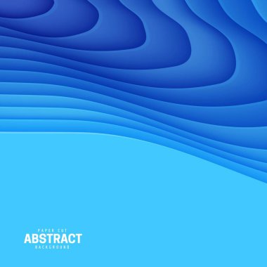 Kağıt kesim tarzında soyut arkaplan. 3 boyutlu duvar kâğıdı. Derin dalgalar halinde modern bir kapağı var. Pürüzsüz gölgeli kağıt kesim sanatıyla mavi katmanlar. Vektör kartı illüstrasyonu, origami geometrik şekilleri