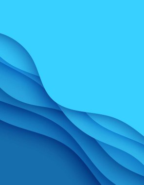 Kağıt kesim tarzında soyut arkaplan. 3 boyutlu duvar kâğıdı. Derin dalgalar halinde modern bir kapağı var. Pürüzsüz gölgeli kağıt kesim sanatıyla mavi katmanlar. Vektör kartı illüstrasyonu, origami geometrik şekilleri