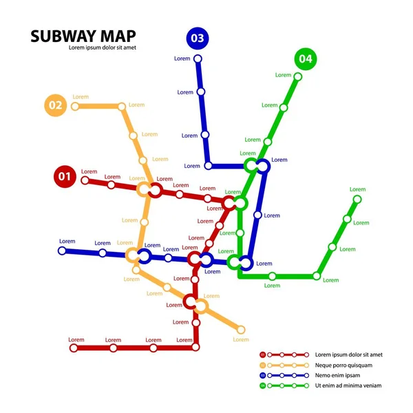 Tunnelbanekarta. Mall för fiktiv stads kollektivtrafik för tunnelbana väg. Metro eller buss abstrakt trafikmönster med olika färgvägar. Vektorkort illustration för infografisk design — Stock vektor