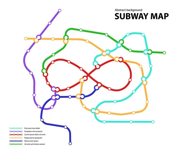 Χάρτης του μετρό. Πρότυπο του σχεδίου δημόσιων συγκοινωνιών φανταστικών πόλεων για υπόγειες μεταβατικές οδούς. Μετρό ή λεωφορείο αφηρημένη μοτίβο κυκλοφορίας με κυκλική άπειρη πινακίδες χρώμα διαδρομές. Εικονογράφηση διανυσματικής κάρτας — Διανυσματικό Αρχείο
