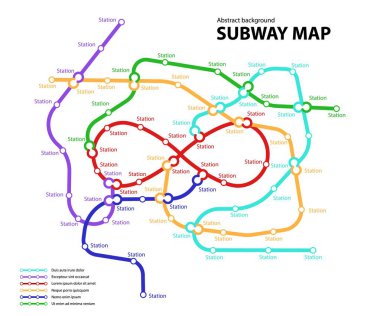 Metro haritası. Yeraltı geçiş yolu için hayali şehir toplu taşıma şeması. Metro ya da otobüs soyut trafik motifi ve dairesel sonsuz işaret renk yolları. Vektör kartı illüstrasyonu
