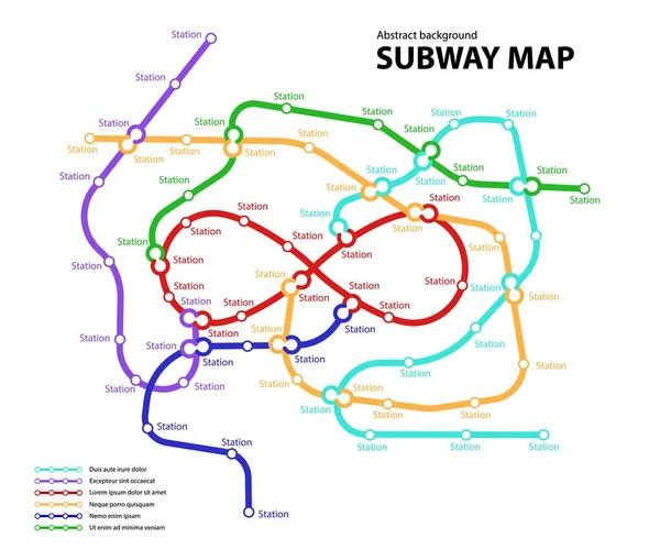 Mappa della metropolitana. Modello di schema immaginario di trasporto pubblico urbano per la strada di transizione sotterranea. Metropolitana o autobus modello di traffico astratto con percorsi di colore segno infinito circolare. Illustrazione scheda vettoriale — Vettoriale Stock