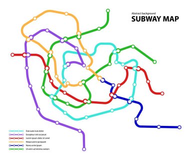 Metro haritası. Yeraltı geçiş yolu için hayali şehir toplu taşıma şeması. Metro ya da otobüs soyut trafik motifi ve dairesel sonsuz işaret renk yolları. Vektör kartı illüstrasyonu