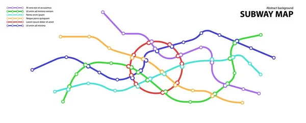 U-Bahn-Karte. Vorlage für ein fiktives Stadtverkehrskonzept für eine unterirdische Übergangsstraße. U-Bahn oder Bus abstrahieren Verkehrsmuster mit kreisförmigen farbigen Routen. Vektorkartenillustration für Design. — Stockvektor