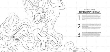 Topografik harita soyut arkaplan. Taslak haritalama manzarası. Topografik yardım haritası beyaz arka planda. Dalgalı çizgileri olan modern kapak tasarımı. Hava haritası şablonlu vektör illüstrasyonu.