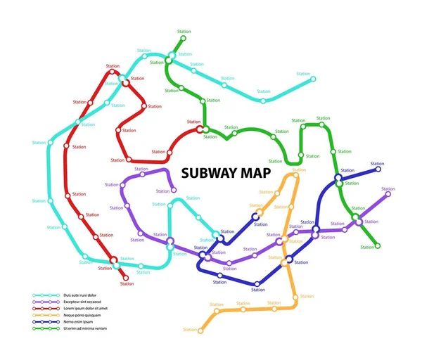 Карта метро. Шаблон вымышленной схемы городского общественного транспорта для подземных переходов. Метро или автобус абстрактный шаблон движения с круговой формы сердца цветовых маршрутов. Векторная иллюстрация — стоковый вектор