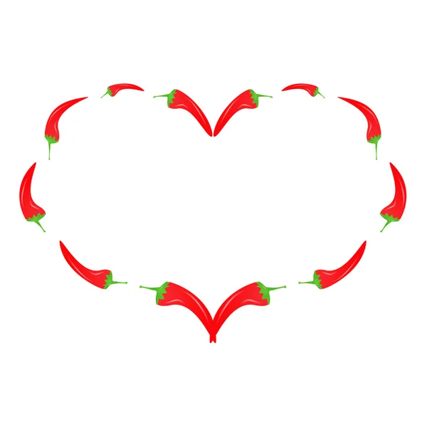 Vainas de pimiento rojo dispuestos en forma de corazón aislado sobre fondo blanco — Vector de stock