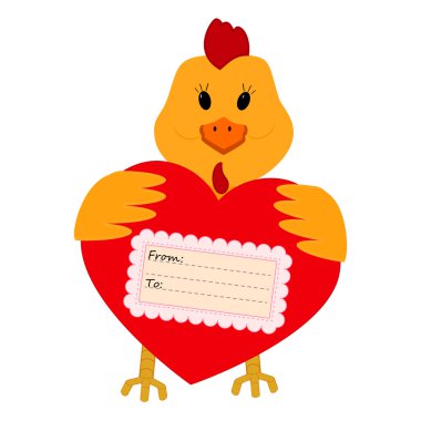 Beyaz bir arka plan üzerinde bir kalp tutan tavuk