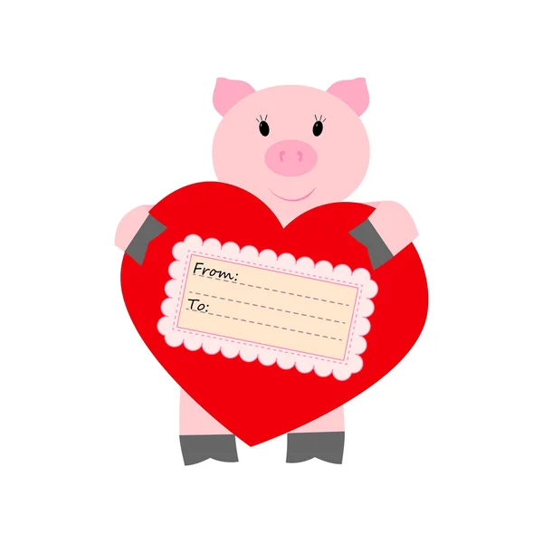 Beyaz bir arka plan üzerinde bir kalp tutan domuz — Stok Vektör
