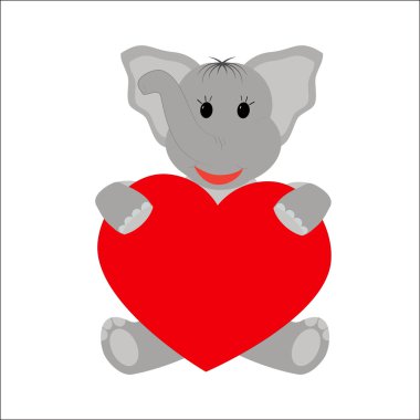 Beyaz bir arka plan üzerinde bir kalp tutan fil