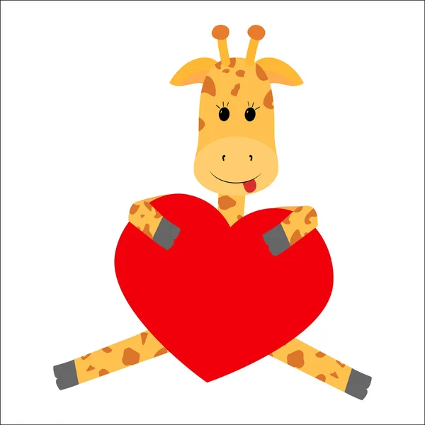 Giraffa che tiene un cuore su uno sfondo bianco — Vettoriale Stock