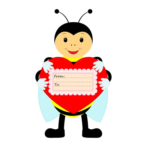 白い背景の上の心と面白い蜂 — ストックベクタ