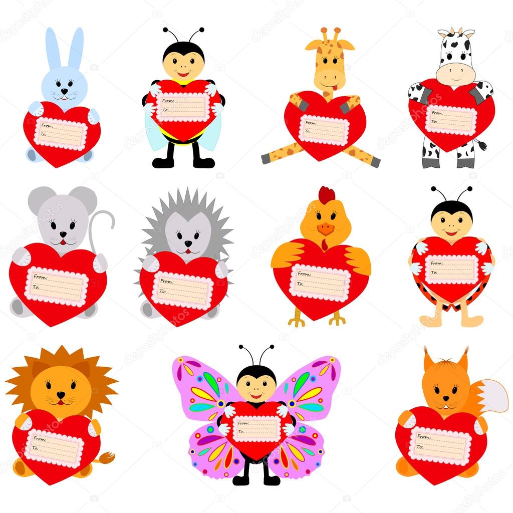Insieme degli animali divertenti con i cuori per il vostro disegno — Vettoriali di A Y N